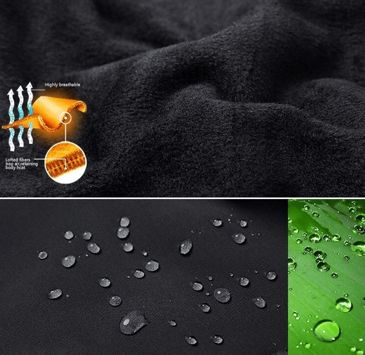 Close-up of windproof waterproof fleece fabric with breathability and water repellency features.